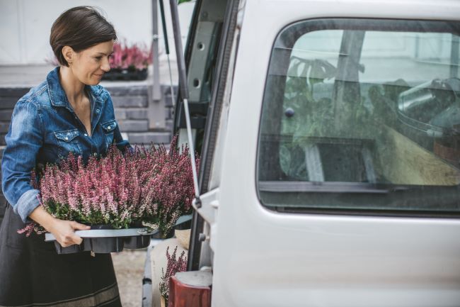 una dama sacando flores de su auto