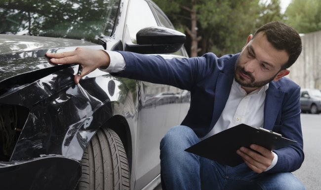 hombre inspeccionando coche después de un accidente